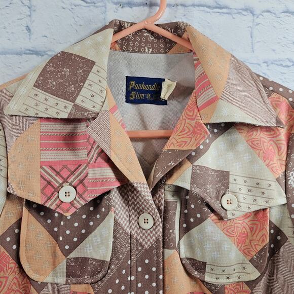 Vintage 70s Panhandle Slim Western Shirt Womens Quilt Patch Look Poly/Silk Sz 12 - Picture 2 of 7